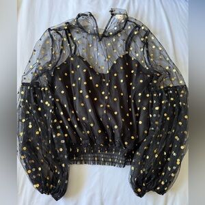 Black Sheer Polka Dot Puff Sleeve Blouse with Gold Accents
